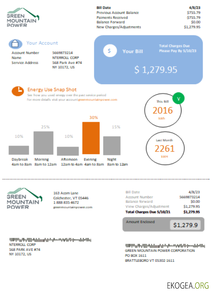 Facture de service d'électricité de Vermont Green Mountain Power SCR